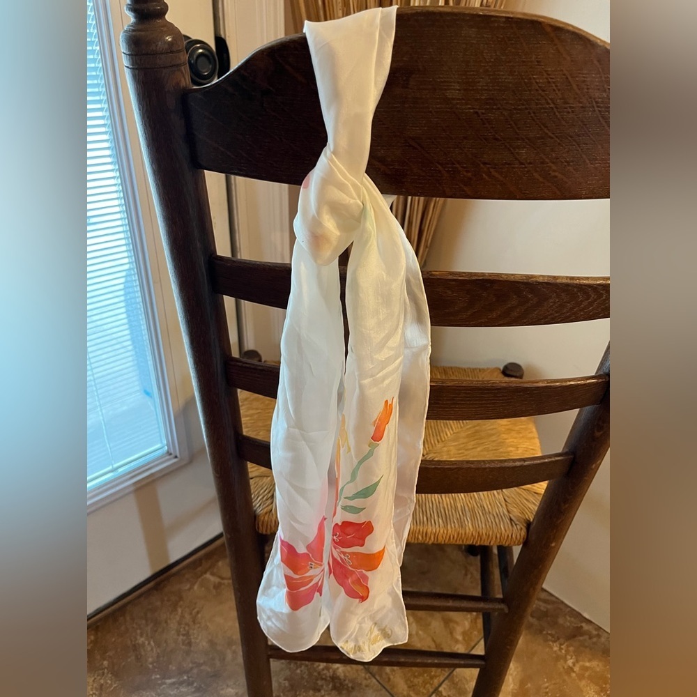 Vintage Norene Proctor Hand Painted Silk Scarf Floral Print White/Orange